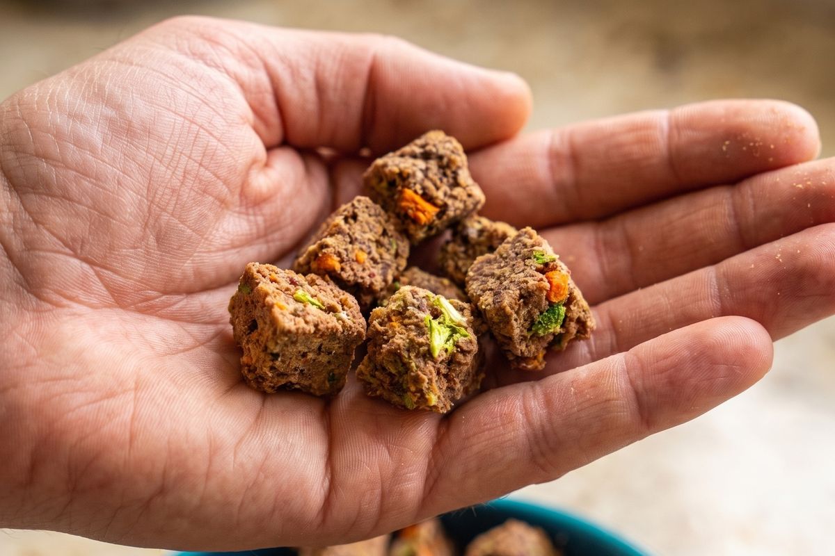 A handful of AlphaPak freeze-dried cubes, with visible pieces of broccoli and carrot, held over a full bowl.